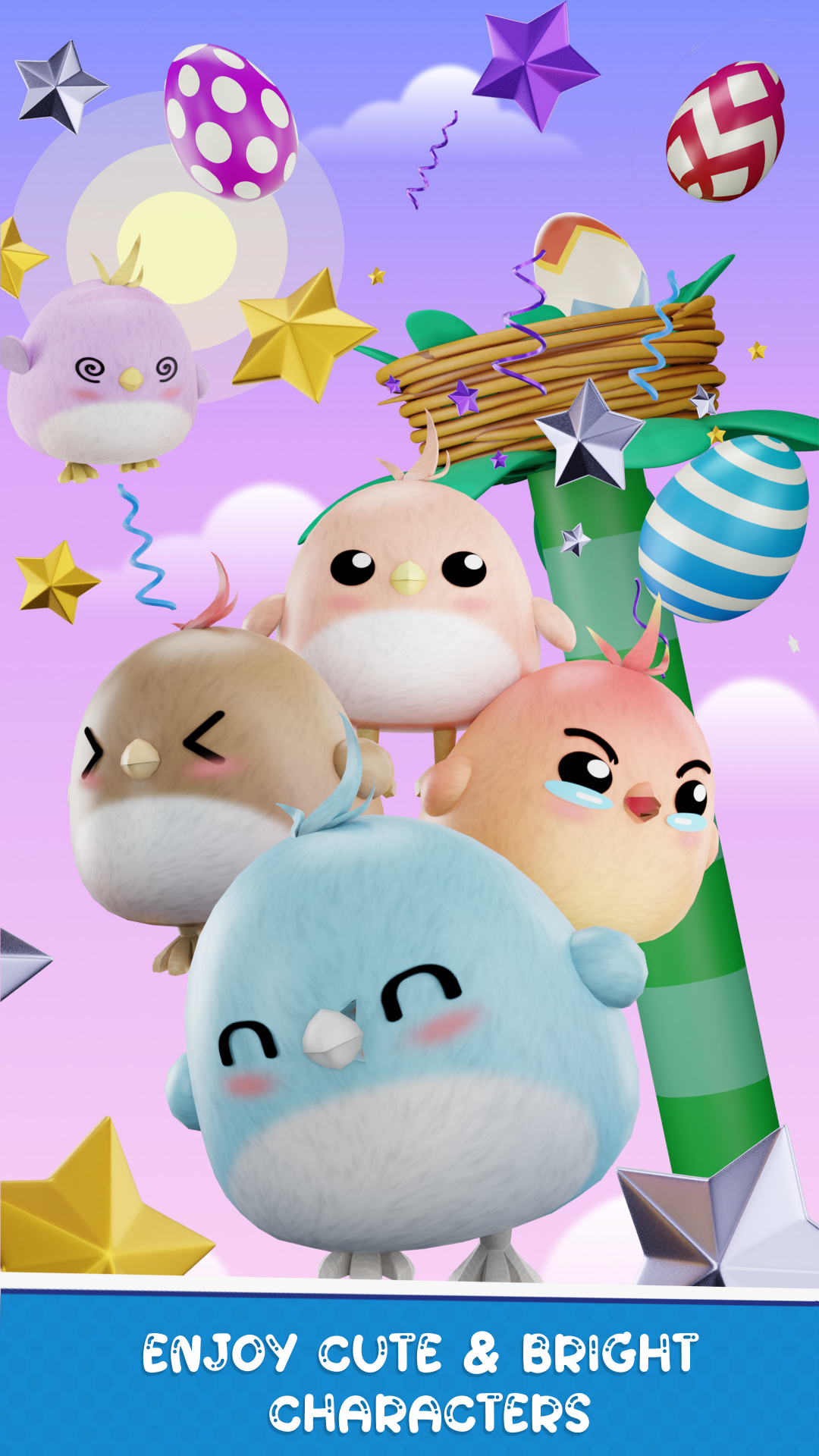 A screenshot of the Chunky Bird collection of charming birds with distinctive features and nest with eggs on a vibrant background