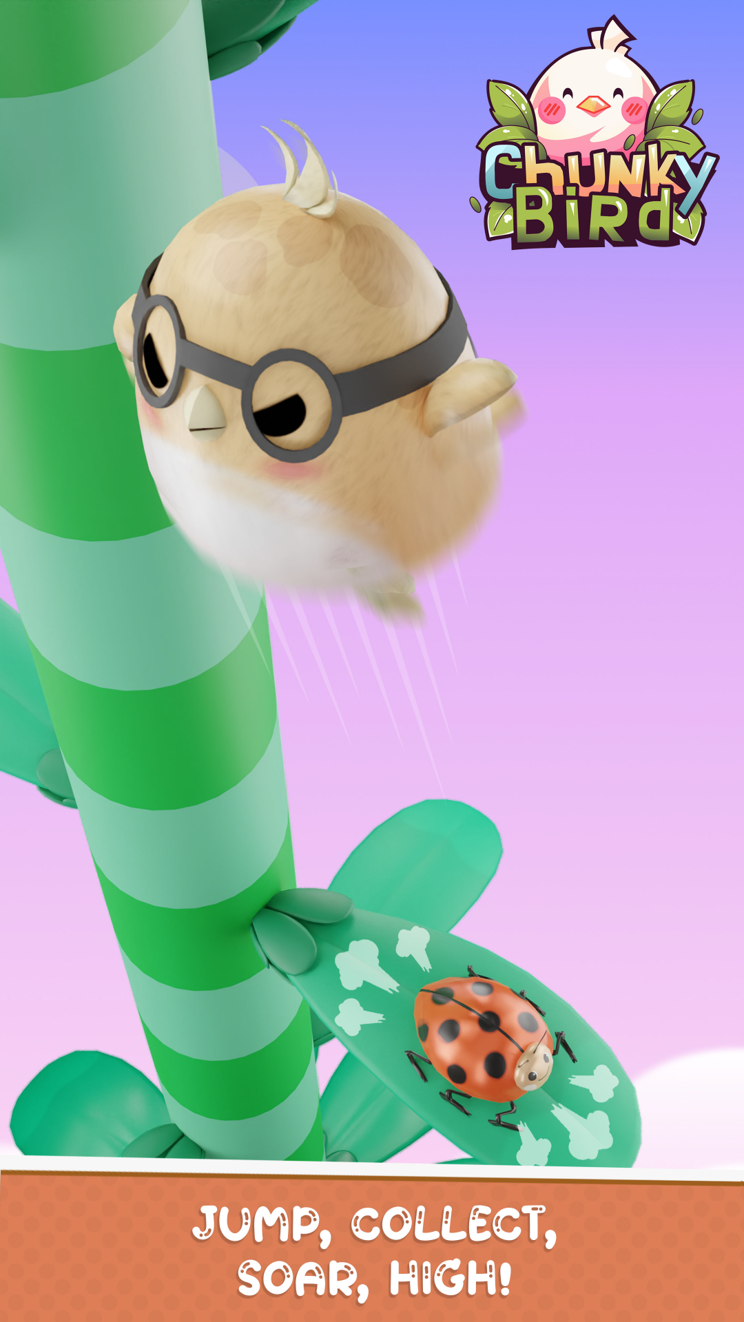In-game screenshot of Chunky Bird, showing the plump bird jumping high on the ladybug.